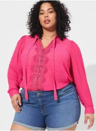 Plus Size - Chiffon Clip Dot Ruffle Neck Tie Front Top - Torrid at Torrid