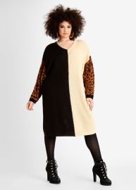 Plus Size Cozy Chic Oversize Leopard Colorblock Tunic Sweater Dresses at Ashley Stewart