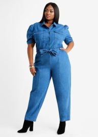 Plus Size Denim Belted Puff Sleeve Straight Leg Stretch Jumpsuit at Ashley Stewart