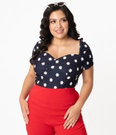 Plus Size Denim amp Daisy Print Sweetheart Nora Top at Unique Vintage