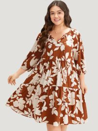 Plus Size Dresses Silhouette Floral Print Knot Neck Lantern Sleeve Dress BloomChic at Bloomchic