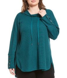 Plus Size Funnel Neck Button Cuff Waffle Knit Drawstring Top by Westbound at Dillards