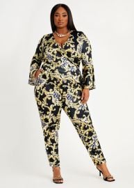 Plus Size Jumpsuits Plus Size Status Print Wrap Bell Sleeve Jumpsuit at Ashley Stewart