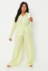 Plus Size Lime Co Ord Plisse Wide Leg Pants at Missguided