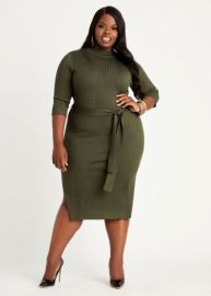 Plus Size Sexy Belted Ribbed Mock Neck Side Slit Bodycon Sweater Dress at Ashley Stewart