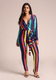 Plus Size Stripe Color Block Plunge Jumpsuit at Deb Shops
