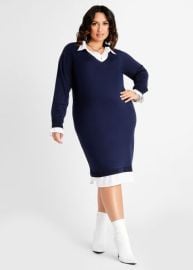 Plus Size Trendy 2 in 1 Sweater And Poplin Button Up Midi Shirtdress at Ashley Stewart