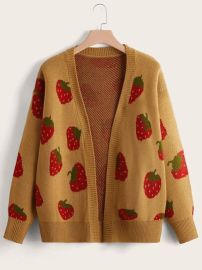 Plus Strawberry Pattern Drop Shoulder Cardigan  SHEIN USA at Shein