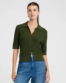 Pointelle Cable Knit Short Sleeve Sweater Polo in Fern at Express