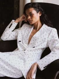 Polka-Dot Double-Breasted Suit Blazer in White/Navy at Reiss
