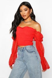 Polka Dot Mesh Shirred Square Neck Crop Top at Boohoo