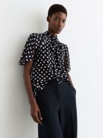Polka-Dot Tie-Neck Blouse in Navy/Ivory at Reiss