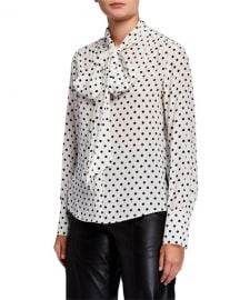 Polka Dot Tie-Neck Long-Sleeve Silk Blouse at Bergdorf Goodman