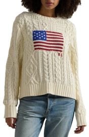 Polo Ralph Lauren Aran Stitch American Flag Cotton Crewneck Sweater at Nordstrom
