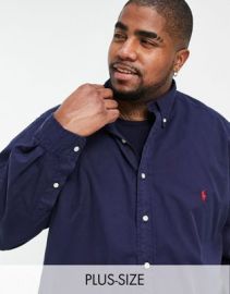 Polo Ralph Lauren Big Tall garment dyed polo player logo shirt button down custom regular fit in navy at ASOS