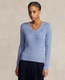 Polo Ralph Lauren Cable Knit Cotton V Neck Sweater in New Litchfield Blue at Macys