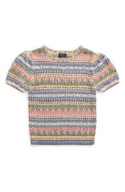 Polo Ralph Lauren Pointelle Stripe Short Sleeve Cotton Sweater at Nordstrom