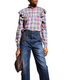 Polo Ralph Lauren Ruffle-Trim Plaid Button-Down Shirt at Neiman Marcus