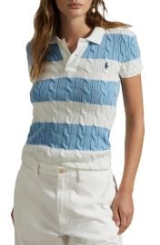 Polo Ralph Lauren Slim Fit Stripe Cable Short Sleeve Cotton Polo Sweater at Nordstrom