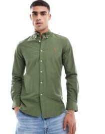 Polo Ralph Lauren icon logo slim fit poplin shirt in olive green at ASOS