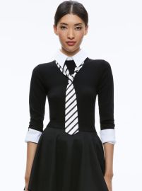 Porla Collared Tie Sweater In Black Combo Alice And Olivia at Alice + Olivia