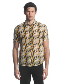 Postmarc GOLD CHARCOAL CELLS PRINTED COTTON SILK SHORT SLEEVES WOVEN SHIRT PM- at Postmarc