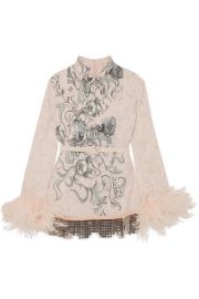 Prada   Feather-trimmed embellished printed crepe blouse at Net A Porter