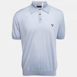 Prada Blue Wool Knit Logo Embroidered Polo T-Shirt XXL Prada at The Luxury Closet