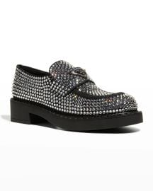 Prada Crystal Logo Flat Loafers at Neiman Marcus