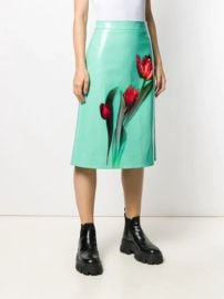 Prada Floral print Leather Midi Skirt in Chlor at Farfetch