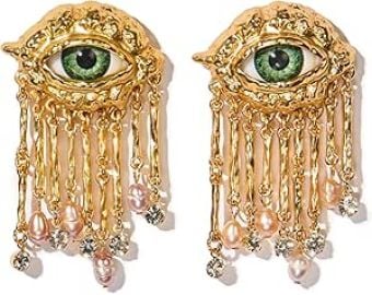 Premium Quality | 18K Gold Plated Evil Eye Earrings for Women | Real Freshwater Pearls | Haute Couture Aesthetics | Pump Up The Gem | US Brand | at Amazon