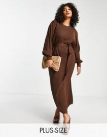 Pretty Lavish Curve tie waist knitted midaxi dress in chocolate brown at ASOS