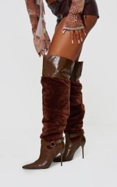 Pretty Little Thing Brown Faux Fur Point Heeled Boots at Pretty Little Thing