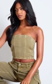 Pretty Little Thing Tall Washed Khaki Denim Bandeau Corset Top at Pretty Little Thing