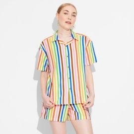 Pride Adult Short Sleeve Button-down Shirt - Rainbow Striped Target at Target