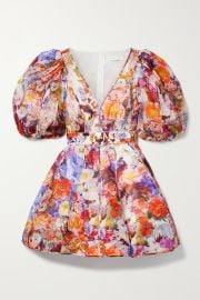 Prima Floral Puff Sleeve Belted Linen & Silk Minidress by Zimmermann at Net A Porter