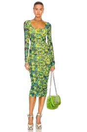 Print Ruched Long Sleeve Mesh Midi Dress by Ganni at Forward