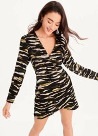 Printed Long Sleeve Wrap V Neck Mini Dress at DKNY