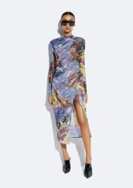 Printed Mesh Draped Midi Dress in Marble Purple LAPOINTE at Lapointe