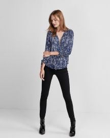 Printed Ruched Sleeve Zip-front Shirt at Express