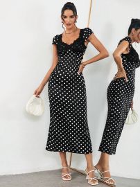 Priv Lace Splicing Polka Dot Mermaid Women39s Long Dress With Princess Sleeves USA at Shein