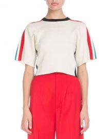 Proenza Schouler Crewneck Short-Sleeve Racer-Stripe Crop Sweater at Neiman Marcus