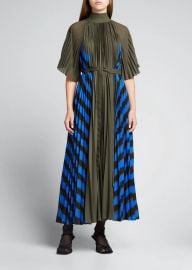 Proenza Schouler Mixed Print Pleated High Neck Midi Dress at Bergdorf Goodman