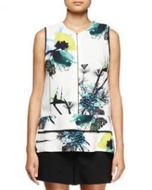 Proenza Schouler Sleeveless Ikebana-Print Blouse WhiteBlueGreen at Neiman Marcus