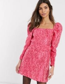 Puff Sleeve Belt Detail Mini Dress in Pink Floral Jacquard by and Other Stories at Asos