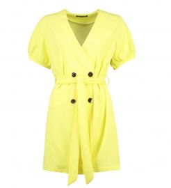 Puff Sleeve Belted Button Blazer Dress at Boohoo