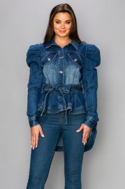 Puff Sleeve Belted Peplum Denim Jacket - at Hush Boutique