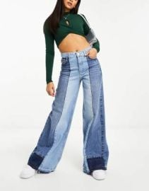 PullBear two tone contrast wide leg jeans in blue - part of a set at ASOS
