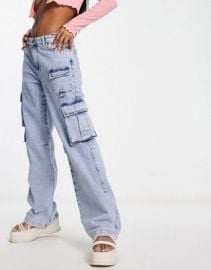 PullBear wide leg cargo jeans with pocket detail in washed blue at ASOS