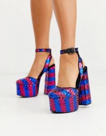 Punch chunky platform high block heels in striped sequin at ASOS